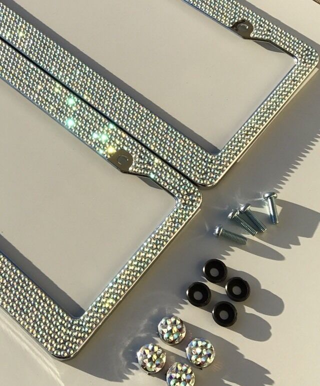 Pair Prism Effect Silver Bling Crystal RhineStone License Plate Frame Car Truck