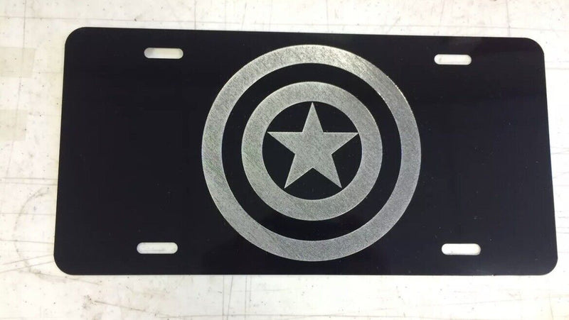 Captain America Logo Car Tag Diamond Etched on Black Aluminum License Plate