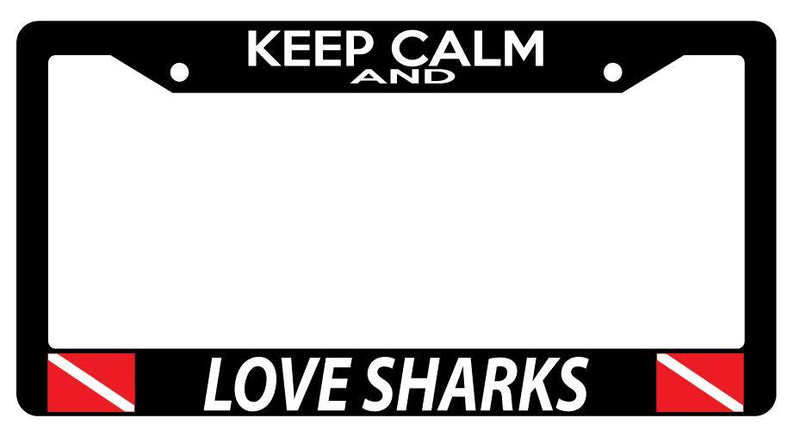 Black License Plate Frame KEEP CALM AND LOVE SHARKS w/FLAGS Auto Accessory 2072  Mod-GRAPH9856236-1109