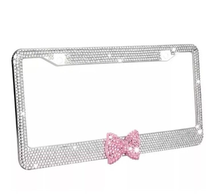 Clear 7 Rows Bling Diamond Crystal License Plate Frame With Pink Bow Tie