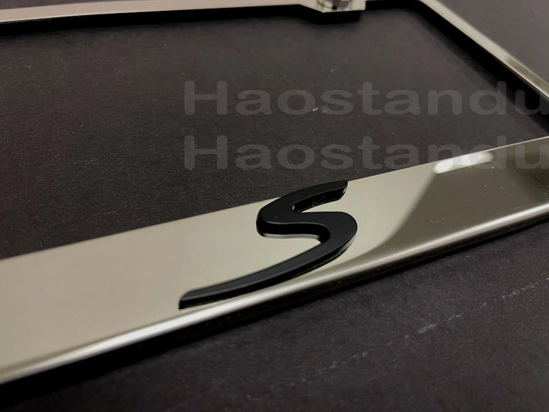 1x "S" 3D Emblem STAINLESS STEEL License Plate Frame RUST FREE + ScrewCap (BLK)