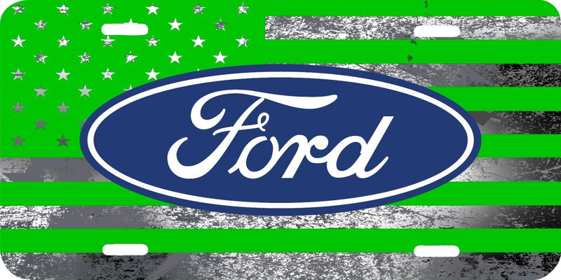 GREEN GRAY AMERICAN FLAG BLUE FORD VEHICLE ALUMINUM LICENSE PLATE TAG .040 GA