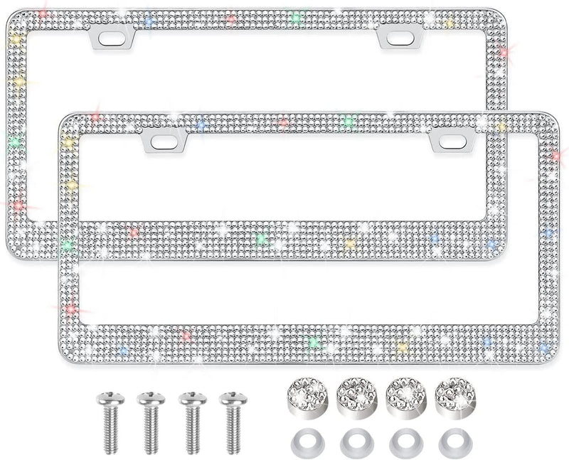 2pcs White Diamond Bling Glitter Crystal RhineStone License Plate Frame Car Thin