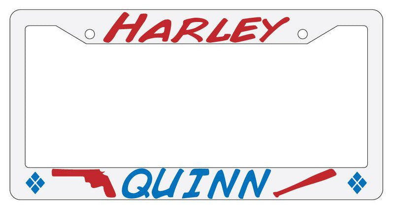 Harley Quinn (Gun/Bat Blue And Maroon) White Plastic License Plate Frame  Mod-GRAPH9856236-1582