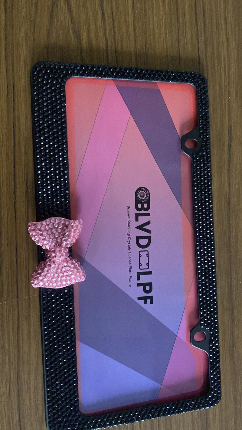 Black 7 Rows Bling Diamond Crystal License Plate Frame With Pink Bow Tie