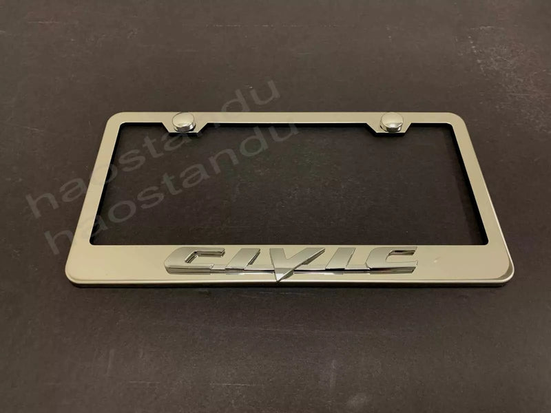 1x For CIVIC 3D Emblem STAINLESS STEEL License Plate Frame RUST FREE + Screw Cap