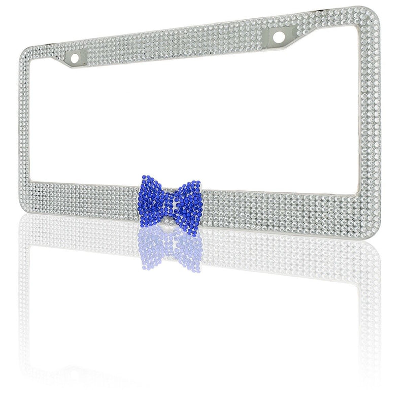 Clear 7 Rows Bling Diamond Crystal License Plate Frame With Blue Bow Tie