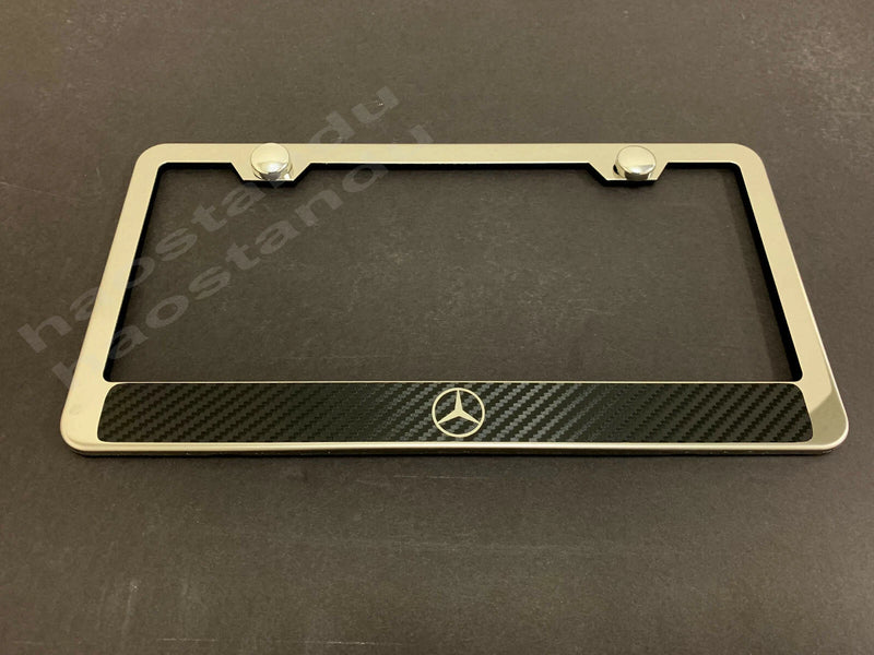 1x Mercedes LOGO STAINLESS STEEL LICENSE PLATE FRAME w/Carbon Fiber Style
