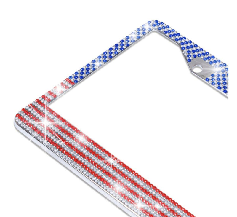 Stainless-Steel Metal USA American Flag Crystal Bling License Plate Frame