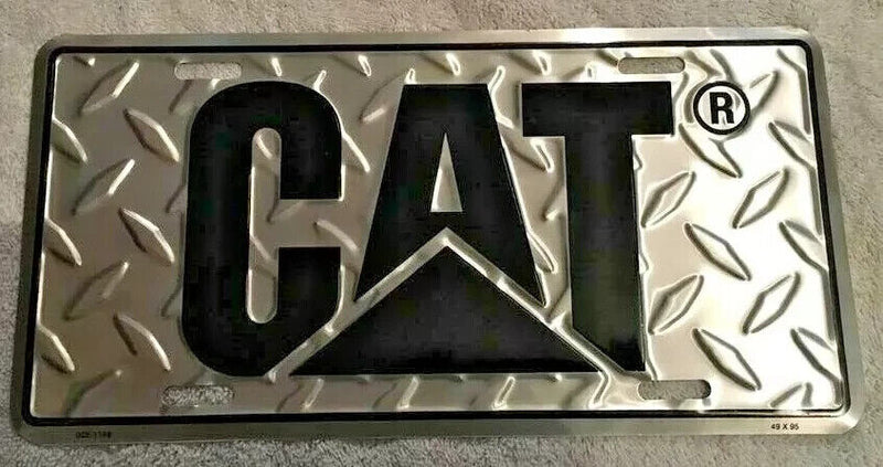 CAT Aluminum Diamond Plate License Tag with Black Logo Caterpillar Truck NEW