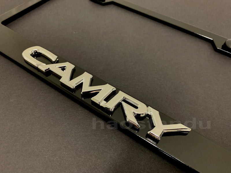1x  CAMRY style 3D Emblem BLACK Stainless License Plate Frame RUST FREE + S.Cap