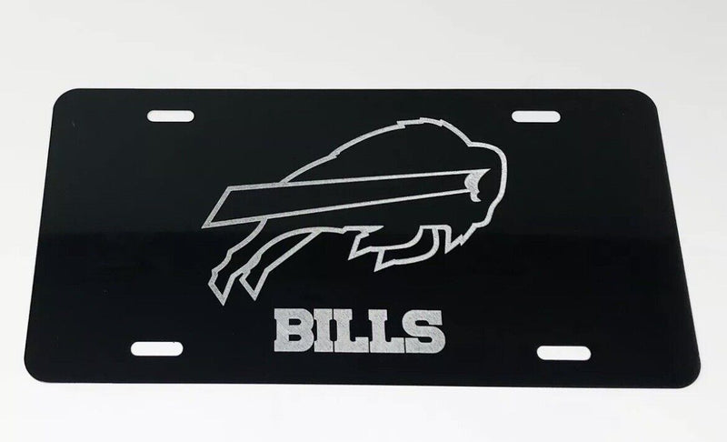 Buffalo Bills 2 Logo Car Tag Diamond Etched on Black Aluminum License Plate