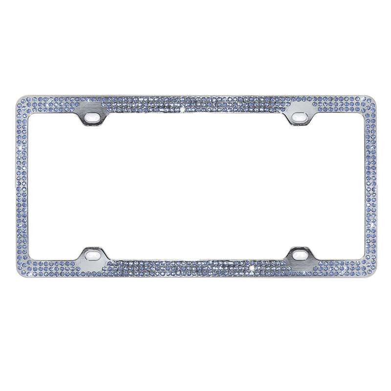 Crystal Blue Rhinestone Bling 3 Row Metal Car License Plate Frame w/ Caps