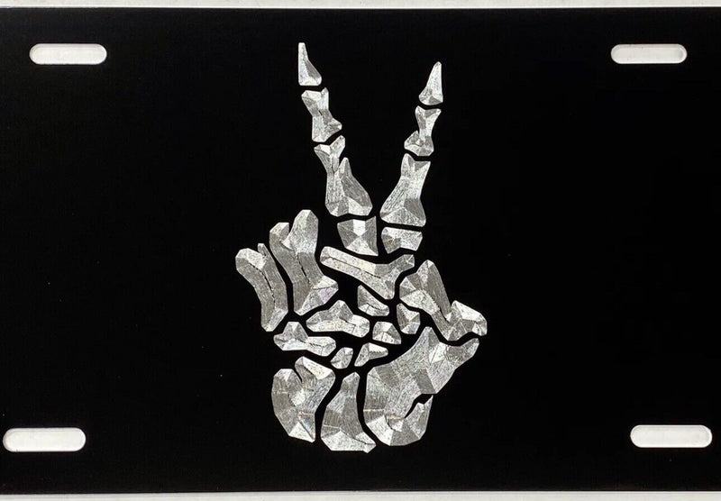 Skeleton Peace Sign Car Tag Engraved Diamond Etched Black Metal License Plate