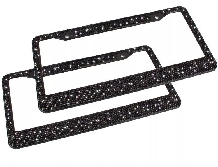 2 Black Metal Diamond Bling Glitter License Plate Frame Cover Crystal RhineStone