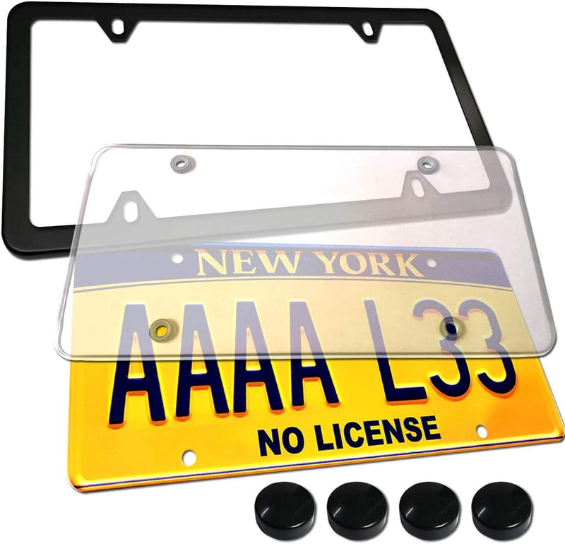 License Plate Cover and Frame Combo-Clear Cover and Black Stainless Steel Holder