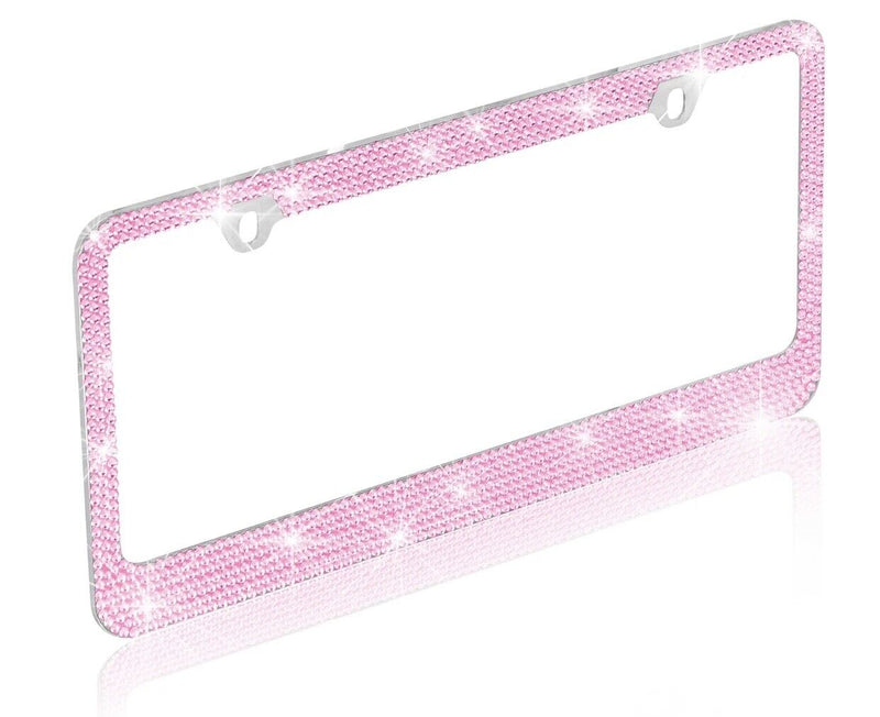 2X Stainless-Steel Metal Pink Crystal Bling License Plate Frame Universal Fit