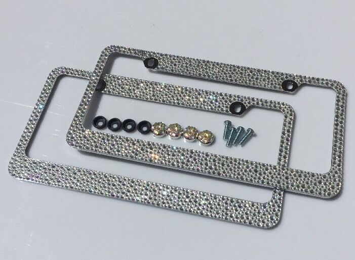 2 CLEAR AB MIX BLING 3000 RHINESTONES CRYSTALS LICENSE PLATE FRAME w/ SCREW CAPS