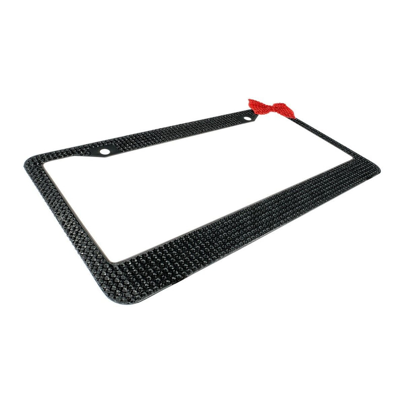 Black 7 Rows Bling Diamond Crystal License Plate Frame With Corner Red Bow Tie