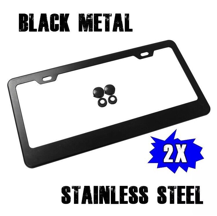 2 Pcs Stainless Steel Metal License Plate Frames Tag Cover Screw Caps Black