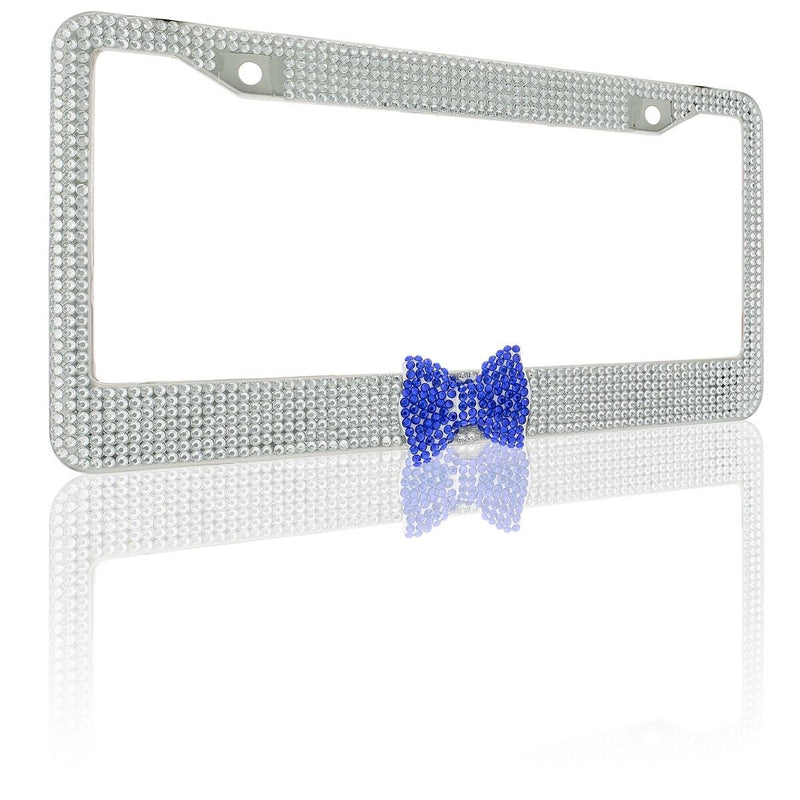Clear 7 Rows Bling Diamond Crystal License Plate Frame With Blue Bow Tie