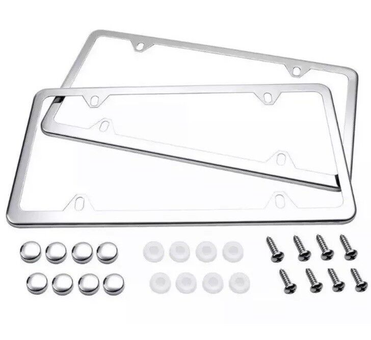 2x Slim Silver Stainless Steel License Plate Plate Frame+a set of Screw Package