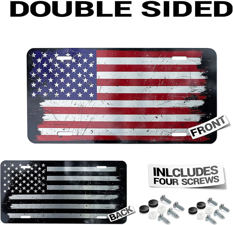 Double Sided Brushed Aluminum American Flag License Plate Including Hardware