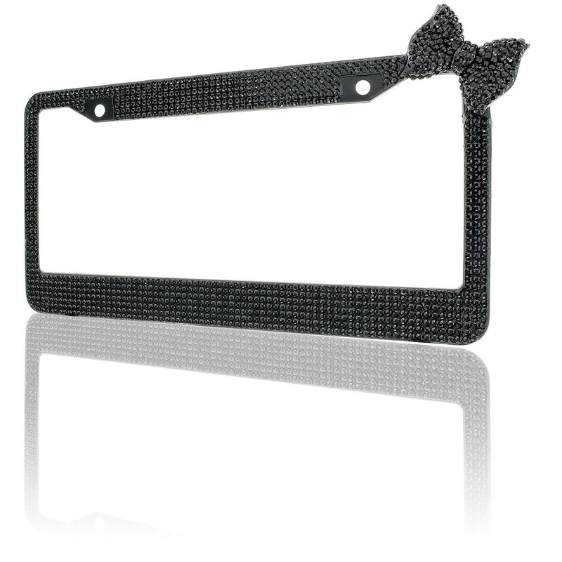 Black 7 Rows Bling Diamond Crystal License Plate Frame With Corner Black Bow Tie