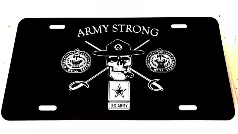 Army Strong Drill Sergeant Tag Diamond Etched on Black Aluminum License Plate