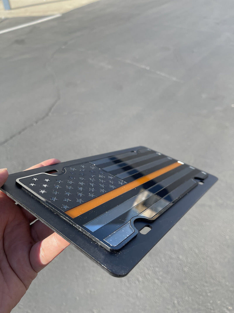 American Flag Orange Thin Line Acrylic Vanity License Plate Blacked Out Tactical