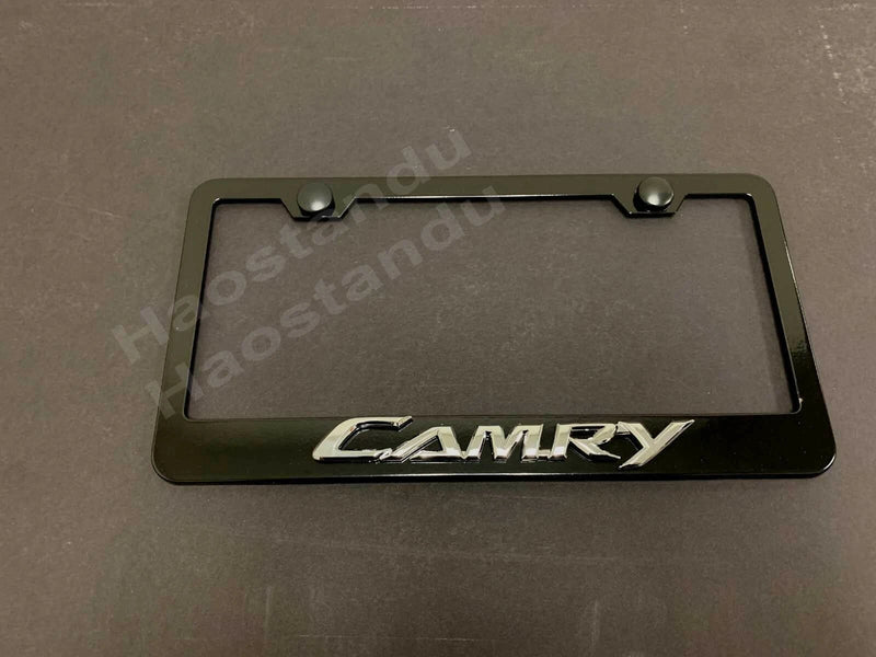 1x For CAMRY 3D Emblem BLACK Stainless License Plate Frame RUST FREE +S.Cap (NEW)