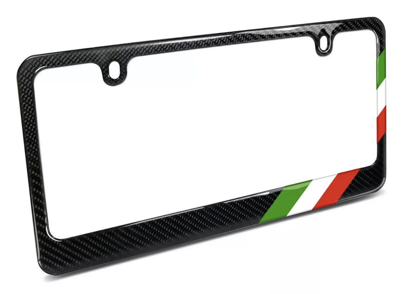 Real Black Carbon Fiber Italy Flag Off-center in Sports Stripe License Frame
