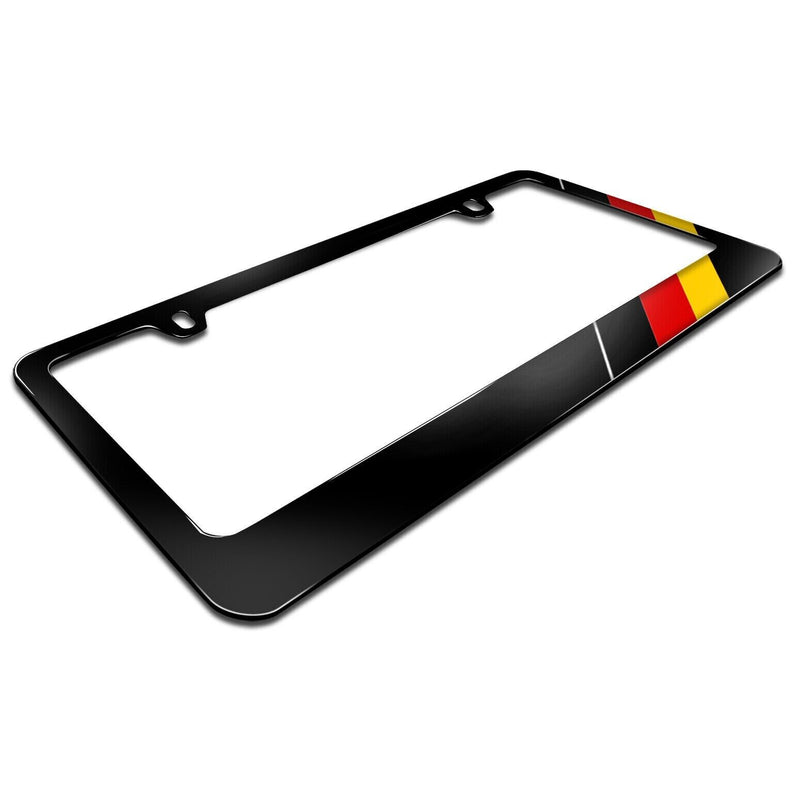 German Flag Off-center in Sports Racing Stripe Black Metal License Plate Frame