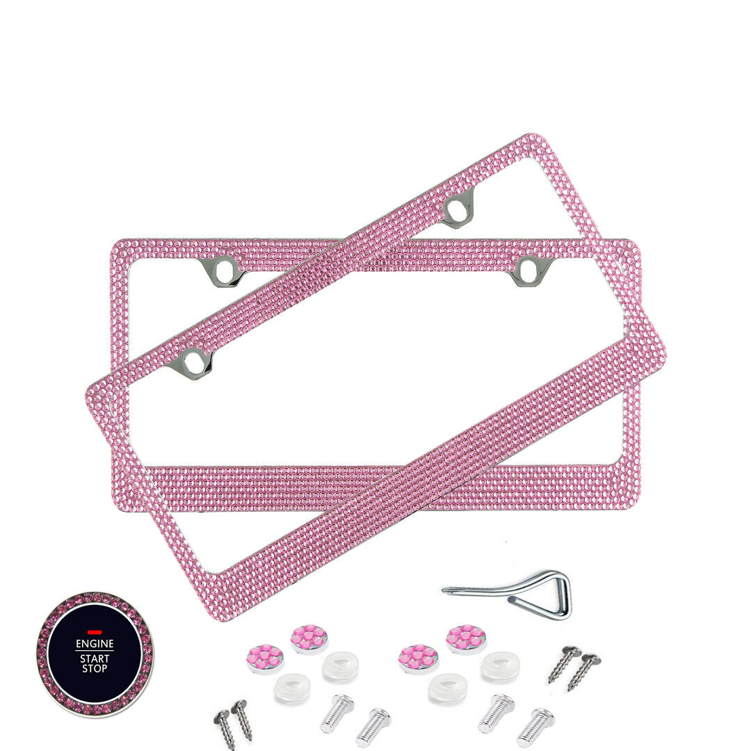 2 PACK Shining 7 Rows PINK Diamond Metal License Plate Frame+ Pink Ring ...