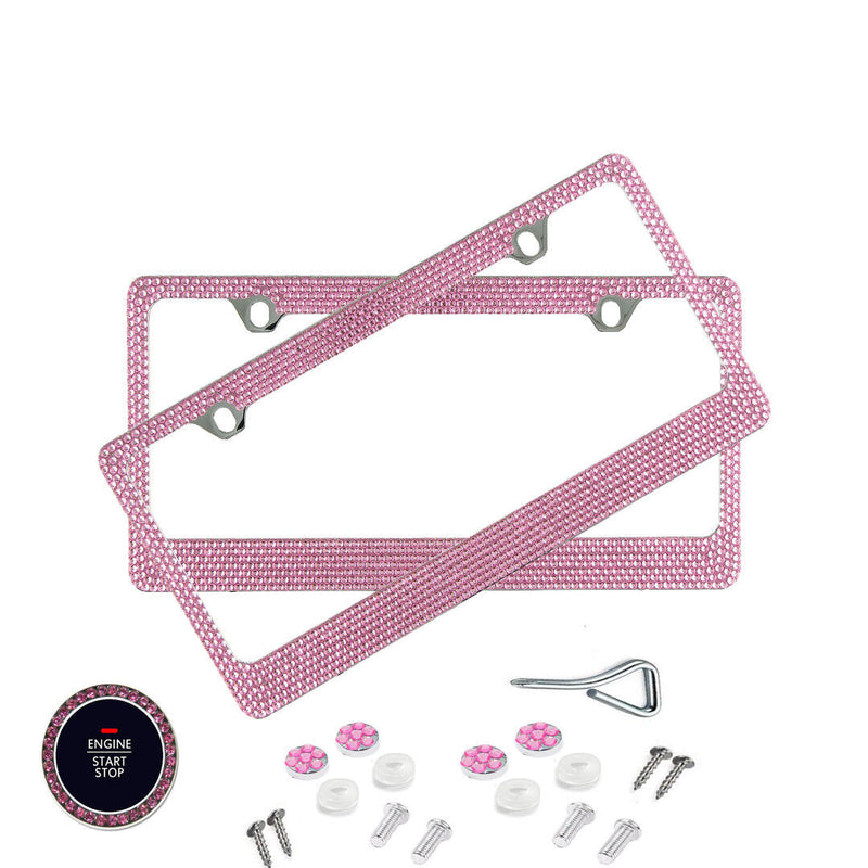 2 PACK Shining 7 Rows PINK Diamond Metal License Plate Frame+ Pink Ring+Caps