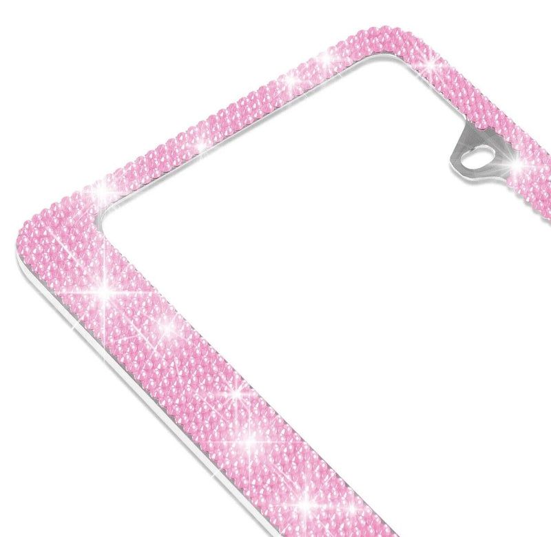 2X Stainless-Steel Metal Pink Crystal Bling License Plate Frame Universal Fit