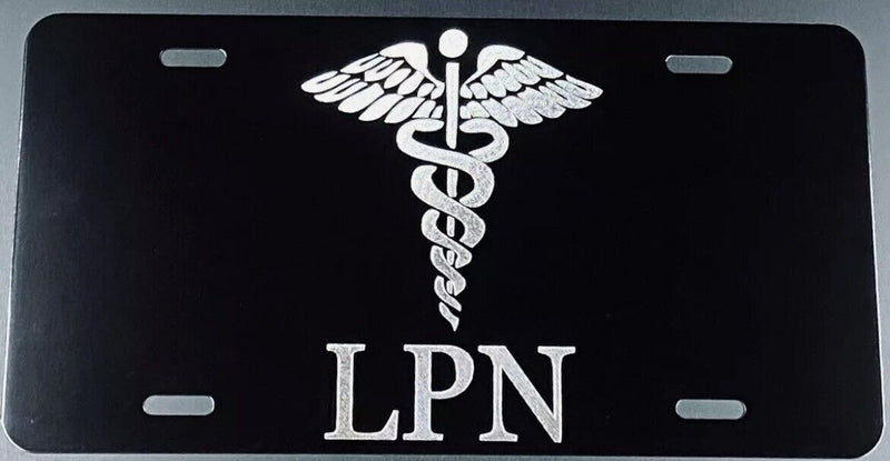 LPN Nurse Caduceus Car Tag Engraved Etched Black Aluminum License Plate GIFT