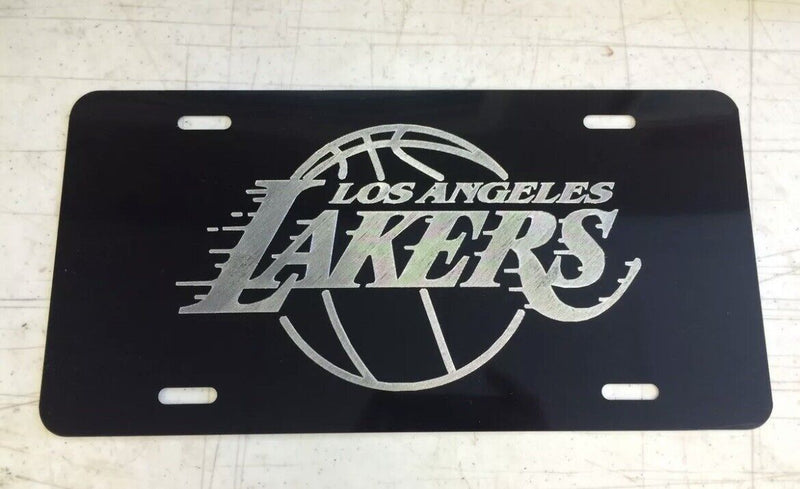 LA LAKERS Logo Car Tag Diamond Etched on Black Aluminum License Plate