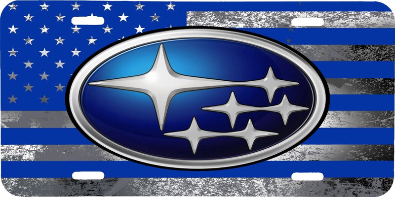 SUBARU LOGO WITH BLUE &amp; GRAY USA FLAG VEHICLE LICENSE PLATE AUTO CAR FRONT TAG