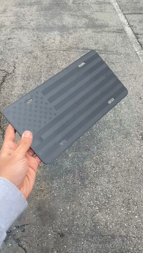 Subdued Tactical American Flag License Plate Matte Black on 1/8" Black Aluminum