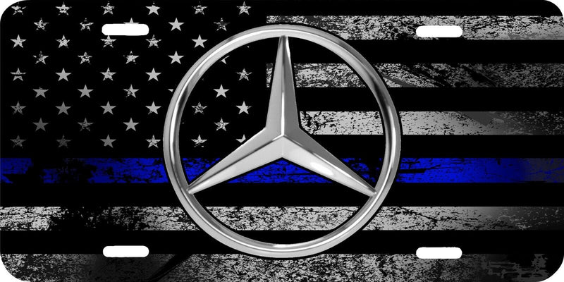 MERCEDES LOGO PRINTED THIN BLUE LINE AMERICAN FLAG VEHICLE LICENSE PLATE CAR TAG