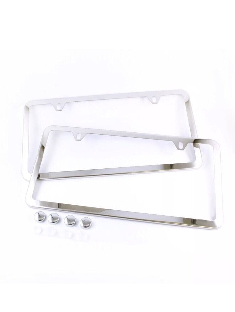 2PCS SLIM CHROME STAINLESS STEEL LICENSE PLATE FRAME SCREW CAP /SLIM 4 HOLE