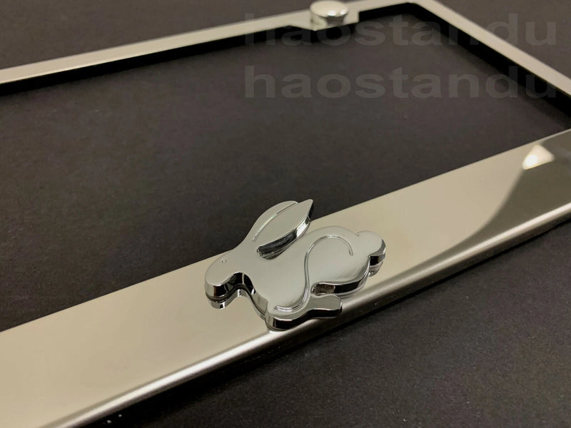 1x RABBIT 3D Emblem Stainless Steel Chrome License Plate Frame RUST FREE + SCaps
