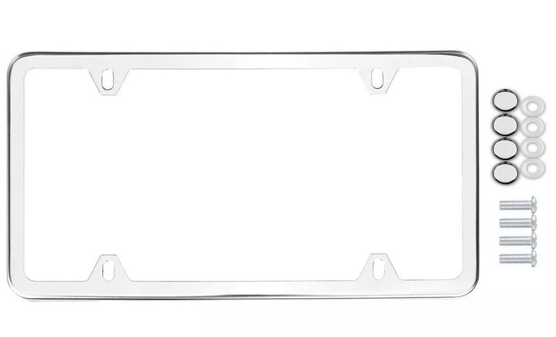 2X Chrome Stainless Steel Metal License Plate Frame Cover w/Screw Cap Silver