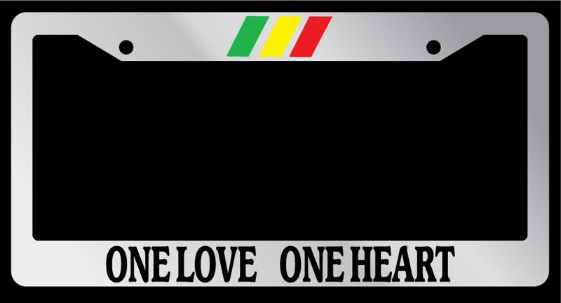Chrome Metal License Plate Frame "One Love One Heart" w/STRIPES Auto Accessory  Mod-GRAPH9856236-10214