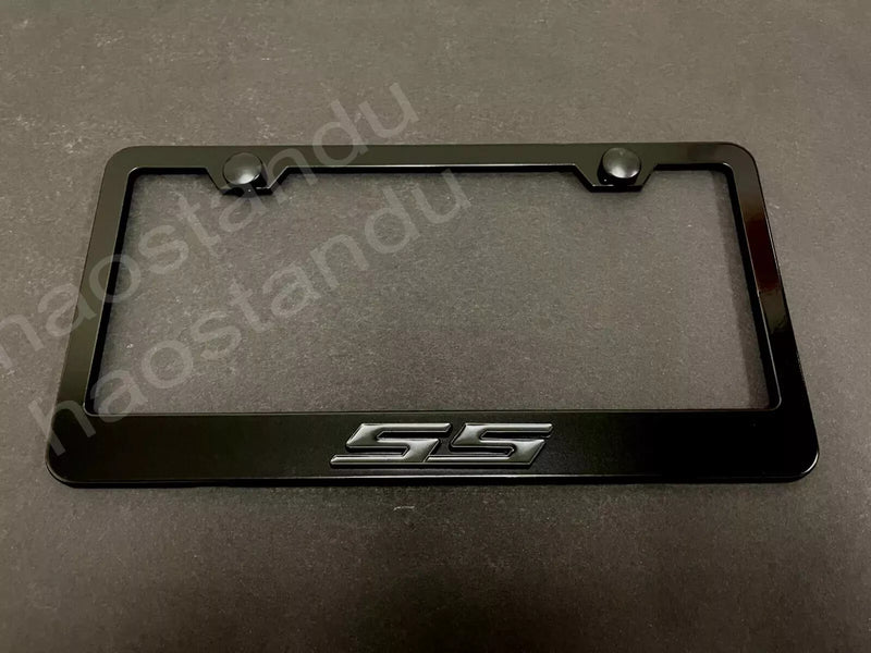 1x (BLK) SS Super Sport 3D Emblem BLACK Stainless License Plate Frame +Screw Cap