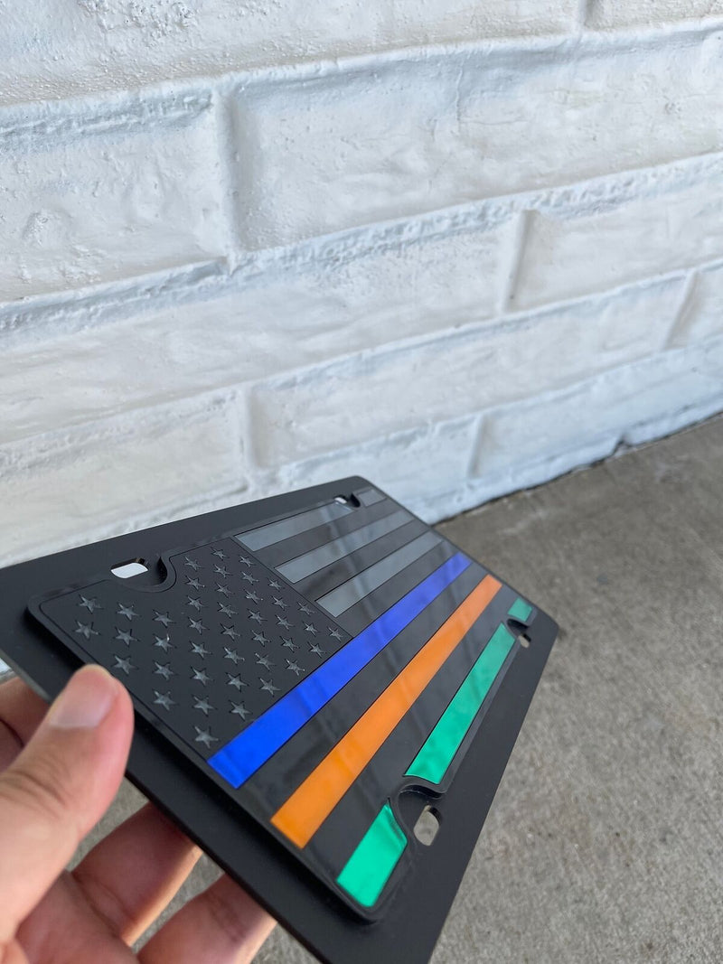 Thin Lines License Plate- Blue, Orange and Green Bars on Blacked Out USA Flag