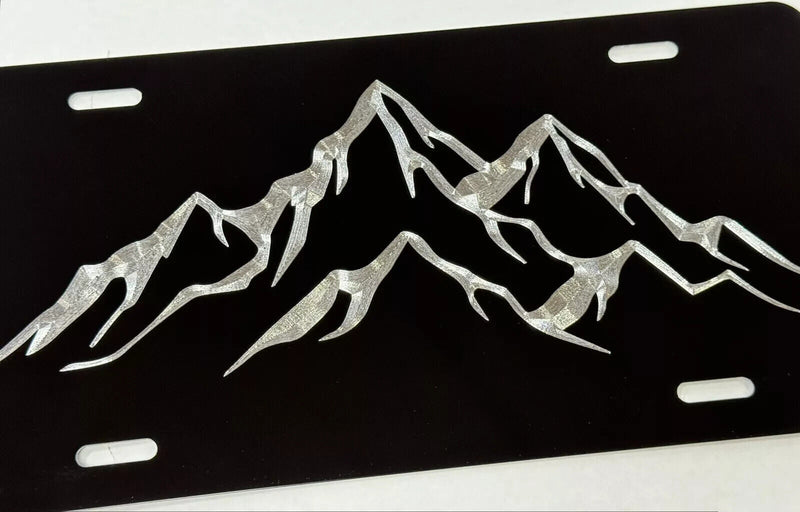 Engraved Mountains Car Tag Diamond Etched Black Metal License Plate Gift