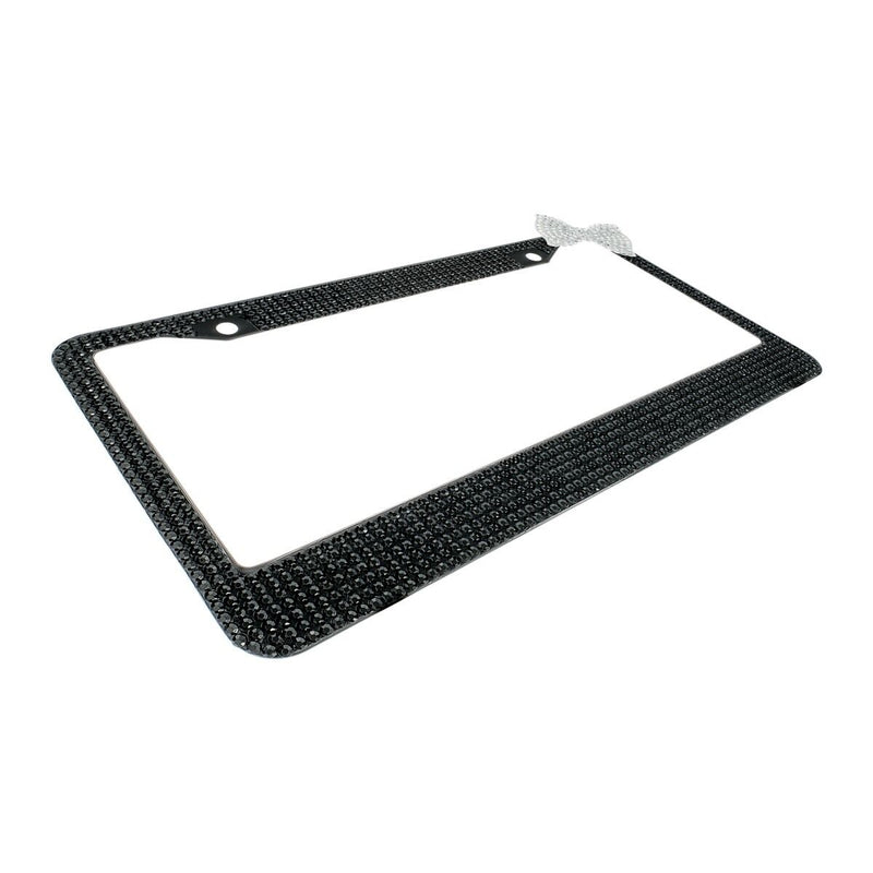 Black 7 Rows Bling Diamond Crystal License Plate Frame With Corner Clear Bow Tie
