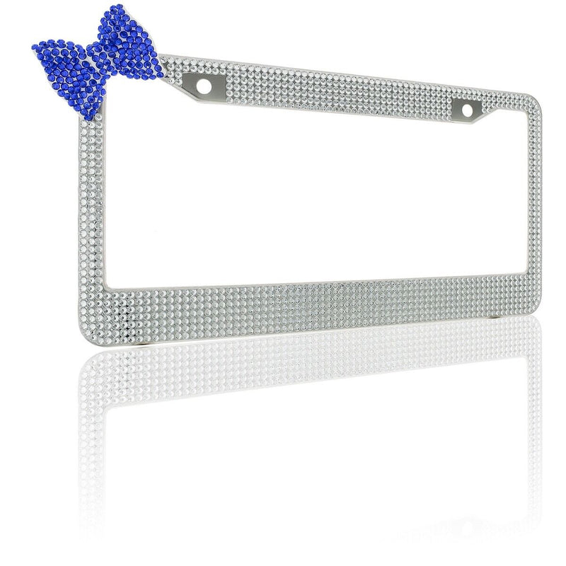 Clear 7 Rows Bling Diamond Crystal License Plate Frame With Corner Blue Bow Tie